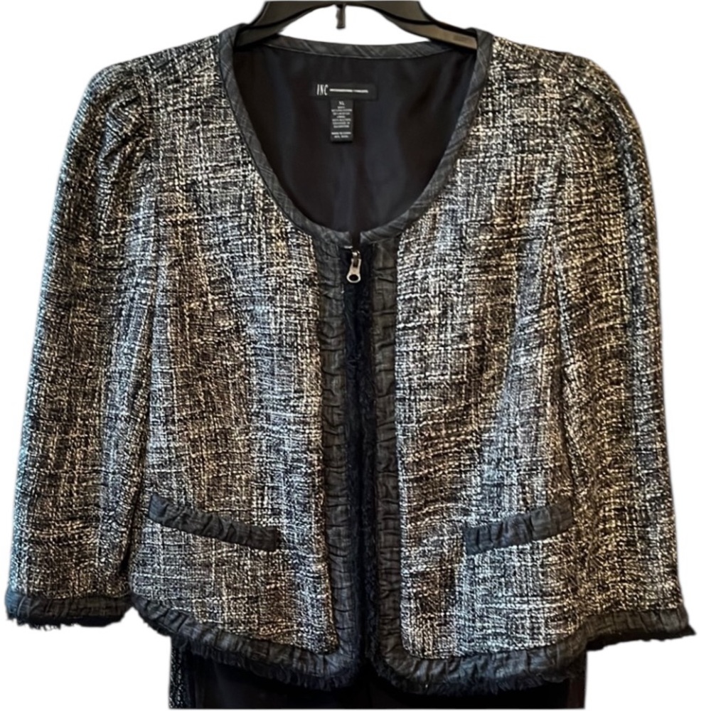 INC International Concepts size XL Black and White Tweed Blazer, denim trim